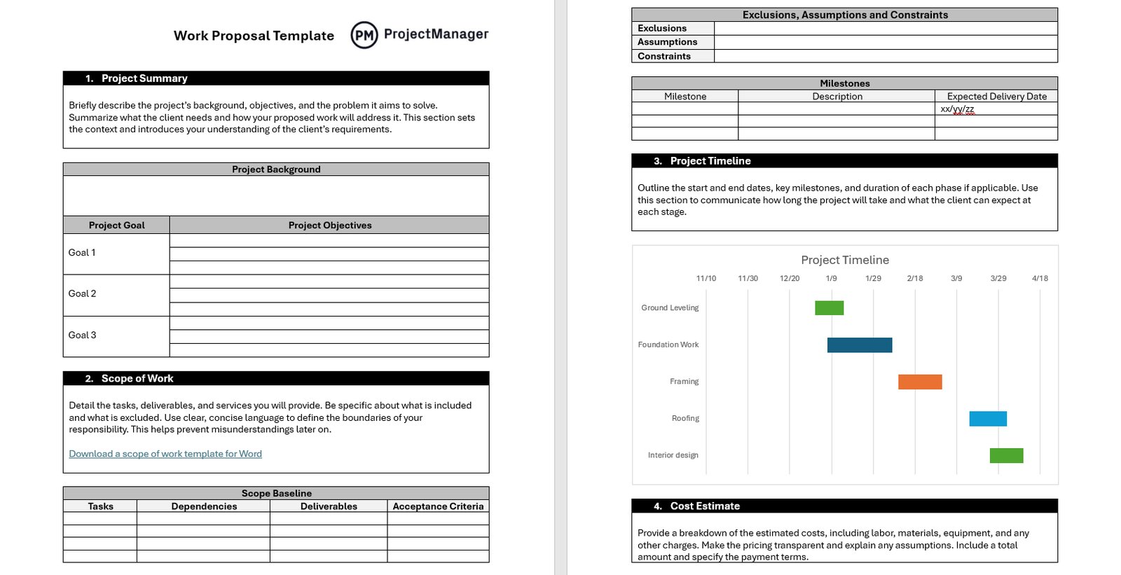 A detailed project proposal document clearly showing sections for scope and deliverables.