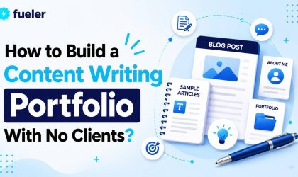 A clean workspace showing a laptop and notebook for building a content writing portfolio.