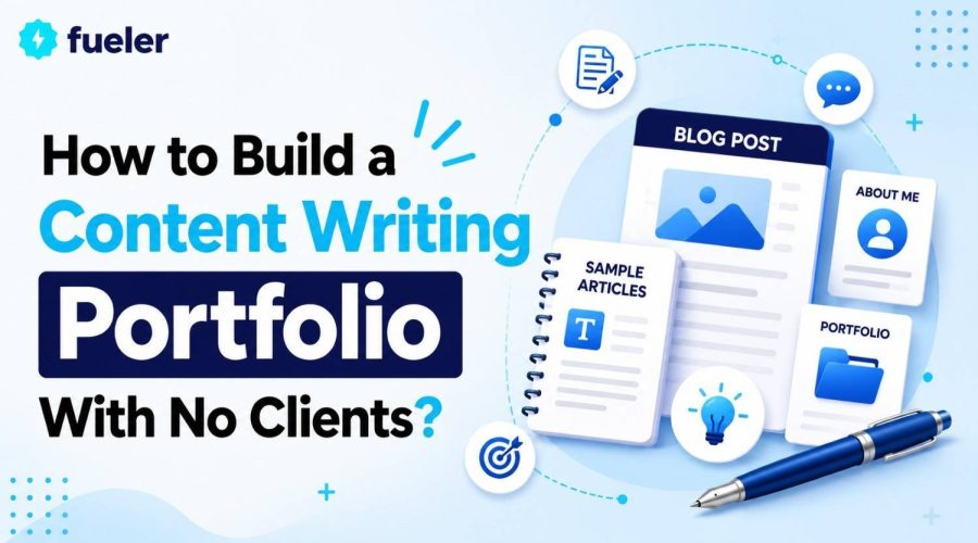 A clean workspace showing a laptop and notebook for building a content writing portfolio.